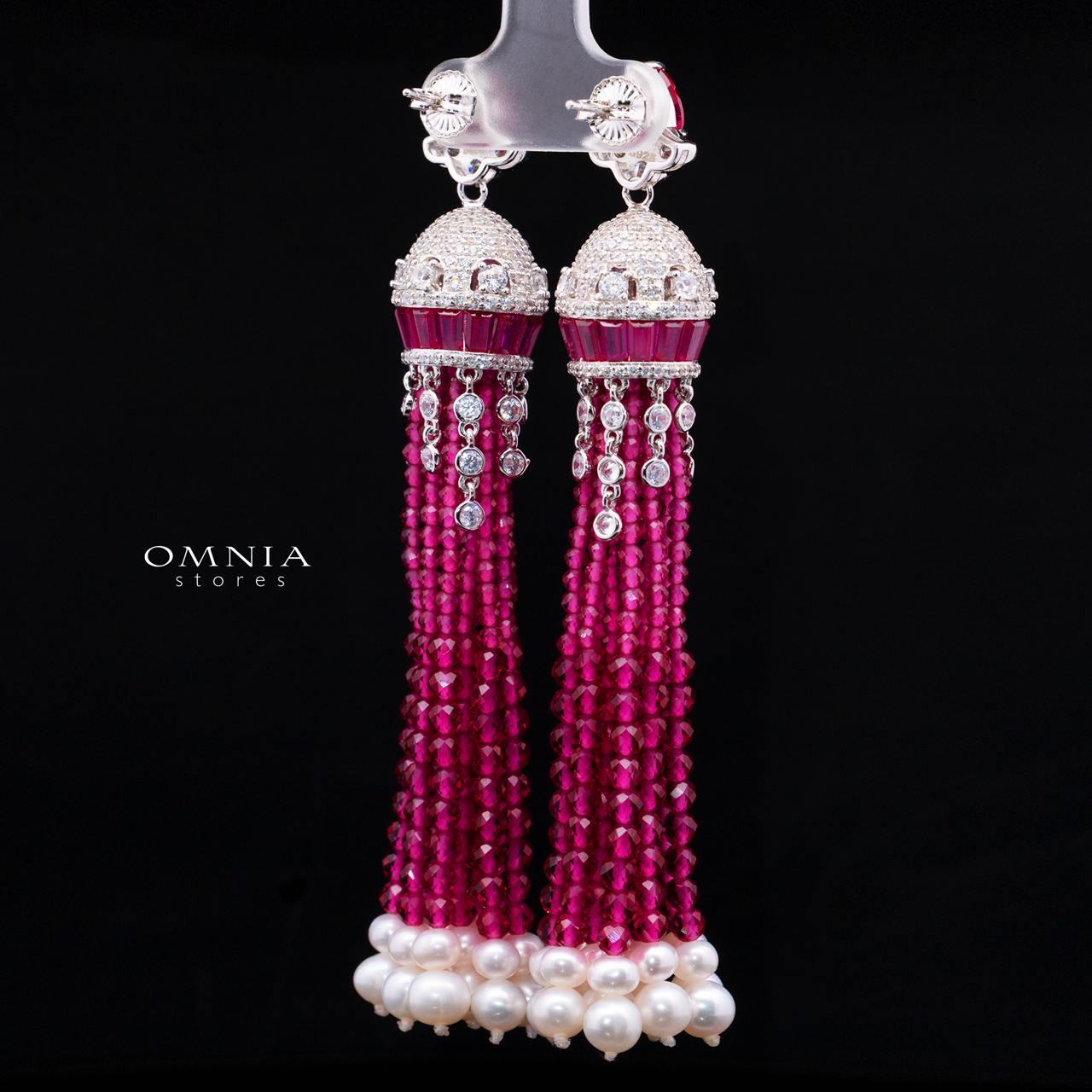 Ghaliya Pink Pearl Drop Earrings with High-Quality Premium Simulated Diamonds in 925 Sterling Silver