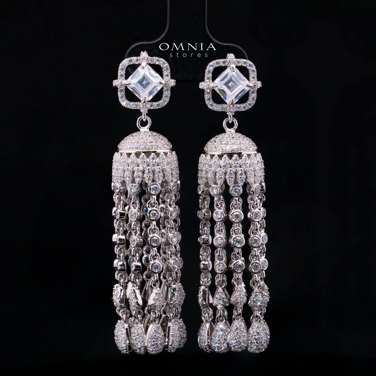 Emaniya White Long Chain Necklace and Earring Set with High-Quality Premium Simulated Diamonds in 925 Sterling Silver