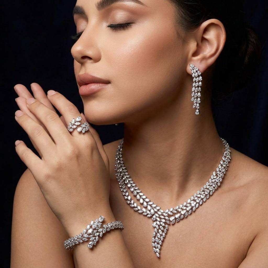 Omnia Yasira Leaf-Design White Luxury Bridal Full Set in High Quality Zircon Stone Rhodium Plated - OMNIASTORES KSA