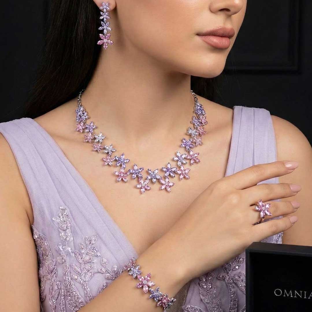 Omnia Yusra Pink and Purple Bridal Full Set in High Quality Simulated Diamonds Premium Rhodium Plated - OMNIASTORES UAE
