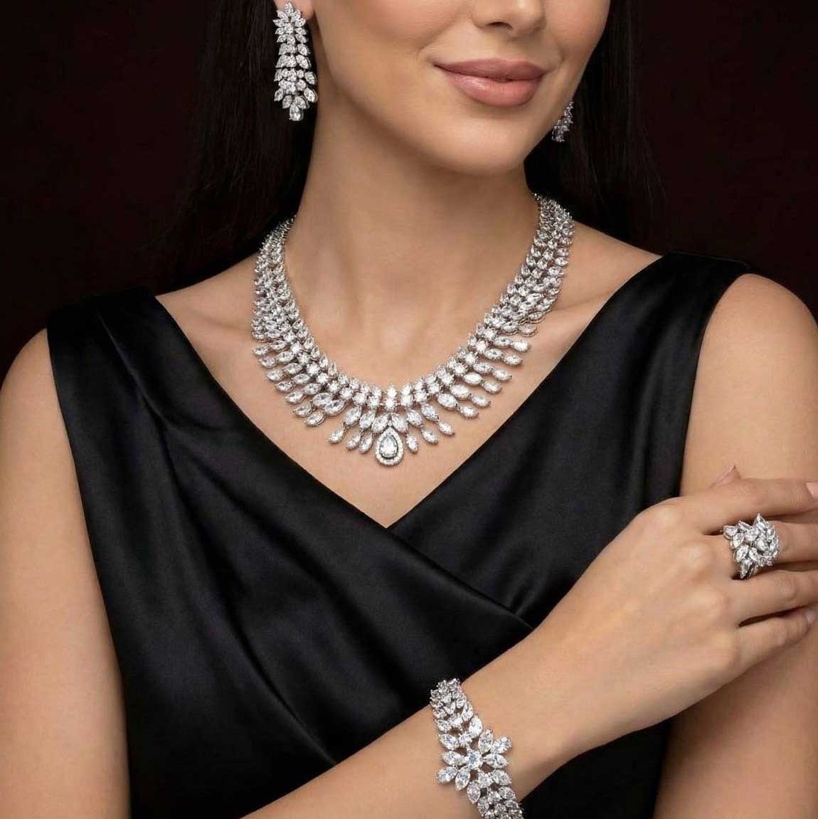 Omnia Zakiyah Luxury Bridal Full Set in High Quality Simulated Diamonds with Pear and Marquise Cut Stones, Rhodium Plated - OMNIASTORES KSA