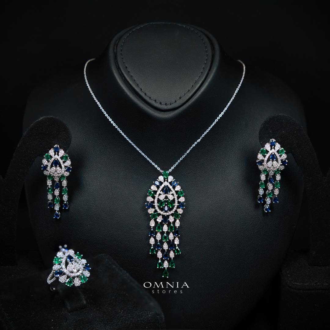 Omnia Aleah Luxury Multi Color Necklace, Earrings and Ring Set in High Quality Zircon Stone Rhodium Plated - OMNIASTORES KSA