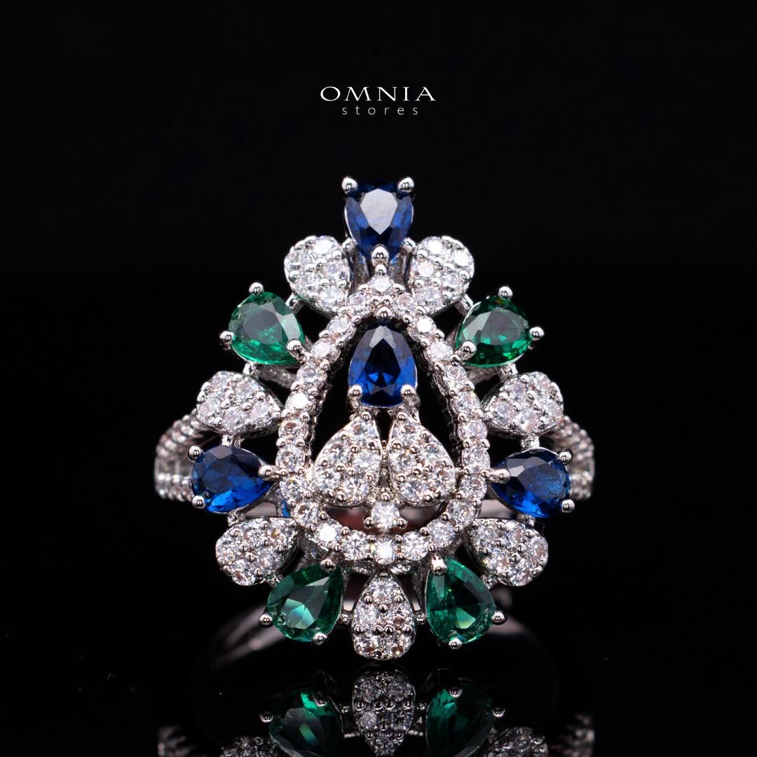 Omnia Aleah Luxury Multi Color Necklace, Earrings and Ring Set in High Quality Zircon Stone Rhodium Plated - OMNIASTORES KSA