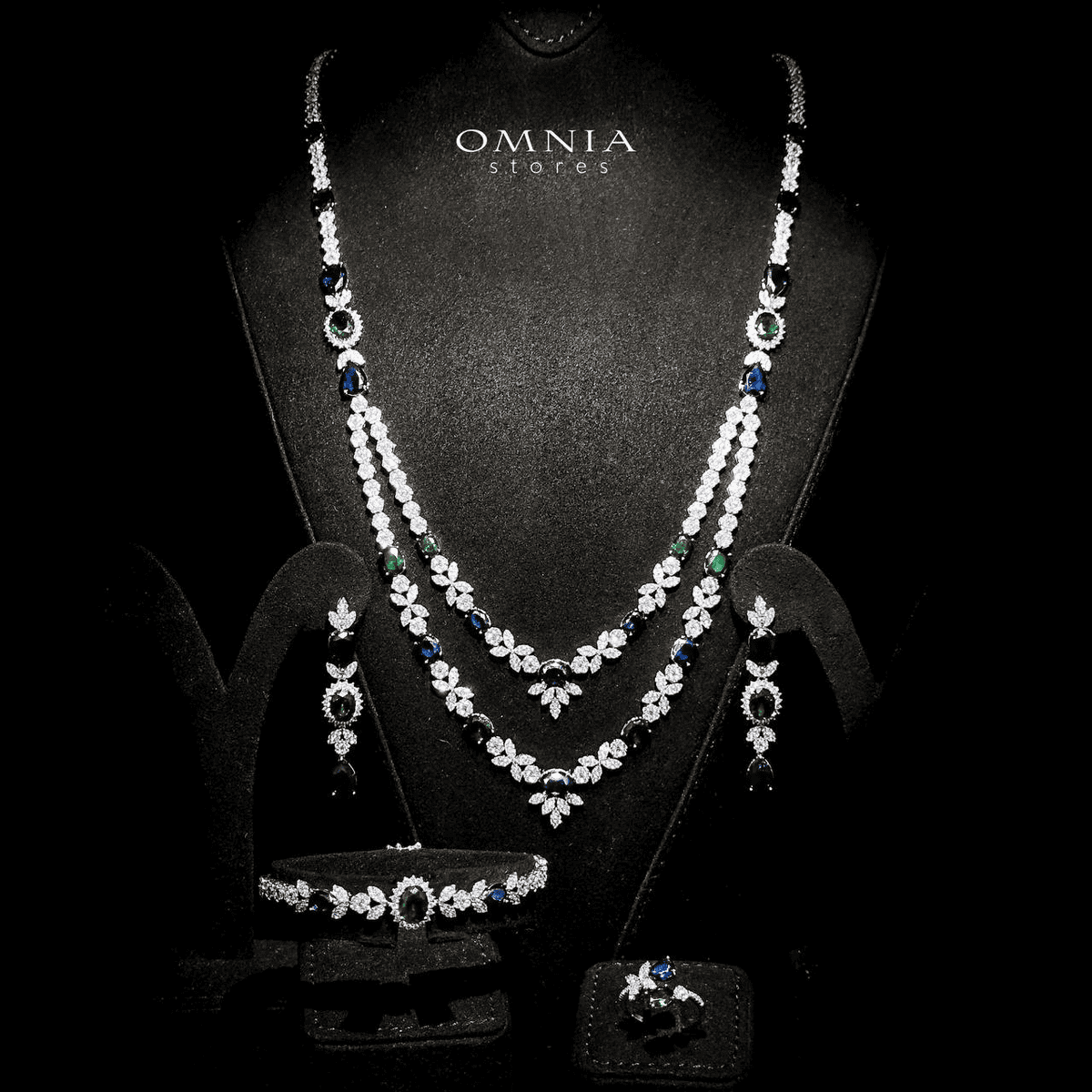 Omnia Jade Blue and Green Bridal Long Chain Set Accessories in High Quality Zircon Stone Rhodium Plated - OMNIASTORES UAE