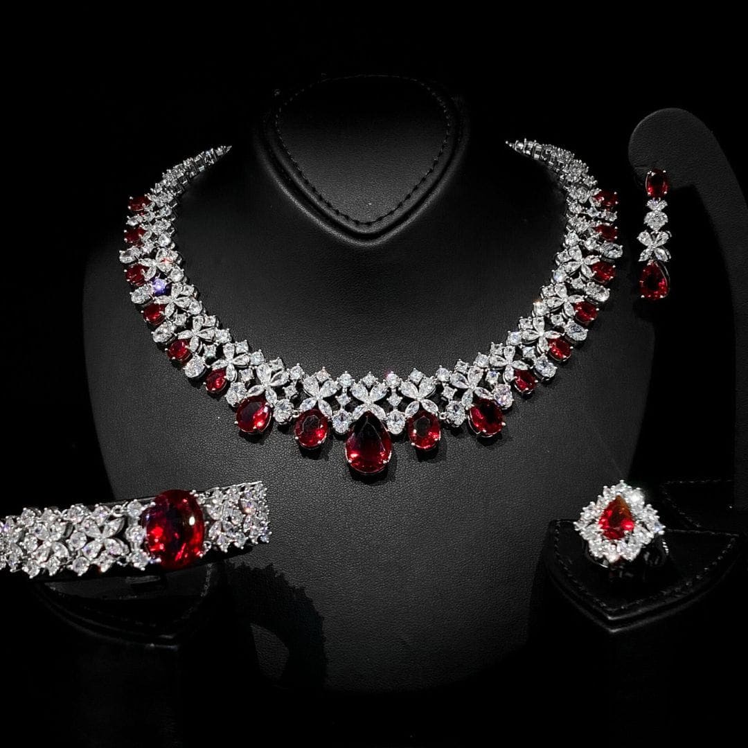 Omnia Suhana Red Bridal Full Set in High Quality Simulated Diamonds - OMNIASTORES UAE