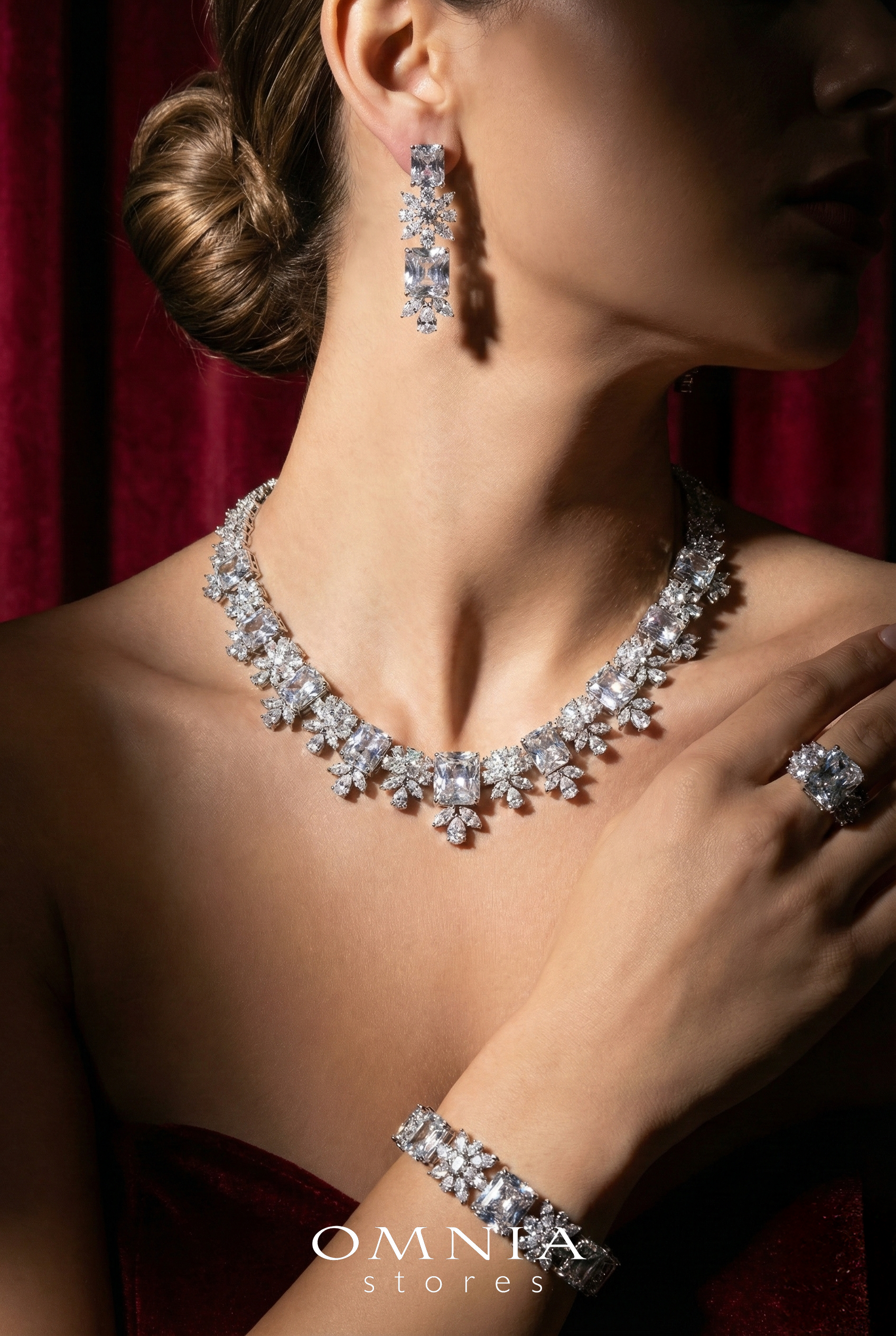 Omnia Charlotte Pure White Bridal Full Set with Emerald and Pear-Cut High-Quality Simulated Diamonds Rhodium Plated - OMNIASTORES KSA