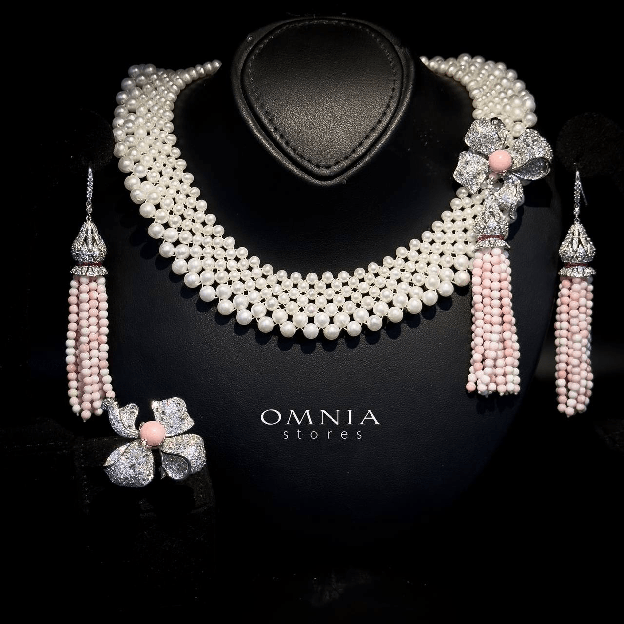 Omnia Ghadir Full Set with Fresh water Pearls and Pink Tassel Accents in 925 Silver High Quality Simulated Diamonds - OMNIASTORES KSA
