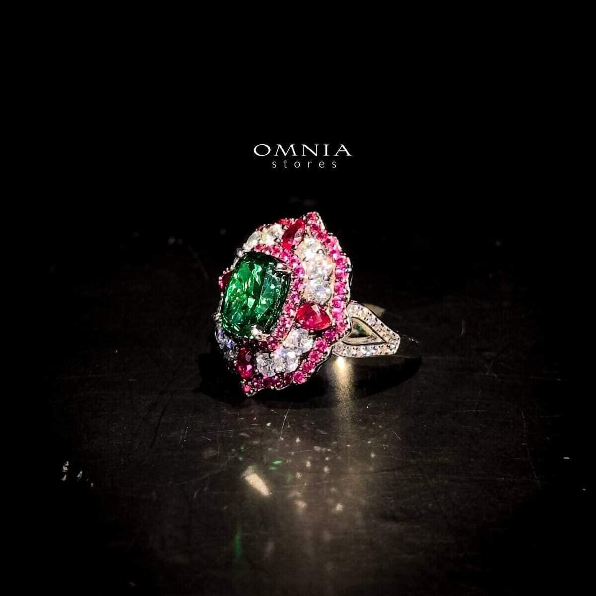 Omnia Maliya Green and Pink Ring in 92.5 Silver with High Quality Simulated Diamonds - OMNIASTORES UAE