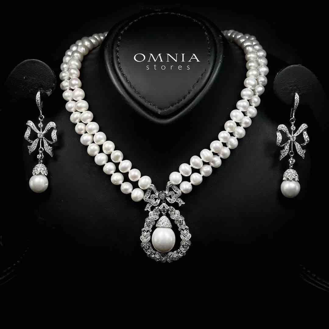 Omnia Aneera Fresh Water Pearl Necklace and Earrings Set with 925 Silver High Quality Simulated Diamonds Stones - OMNIASTORES KSA