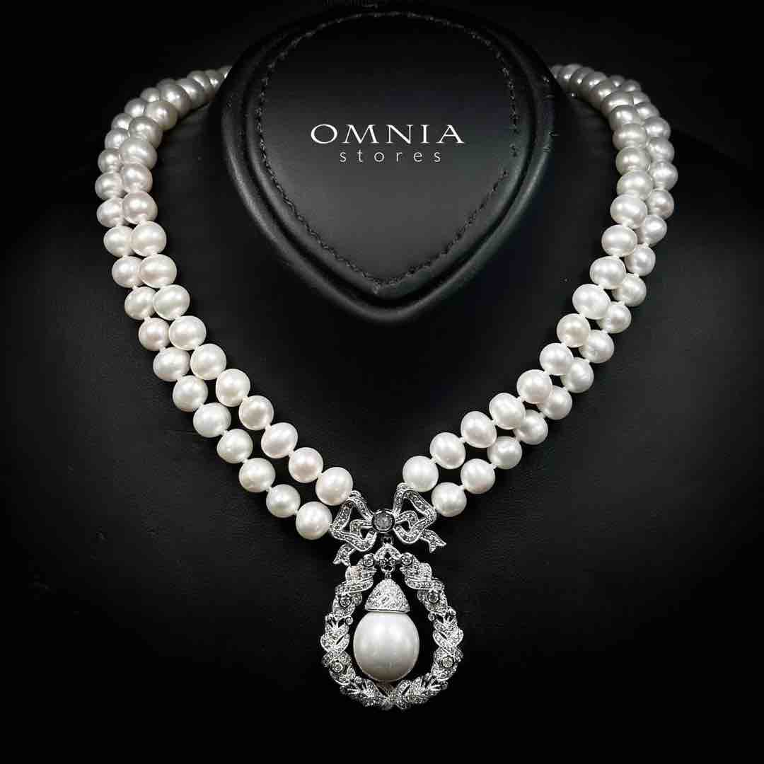 Omnia Aneera Fresh Water Pearl Necklace and Earrings Set with 925 Silver High Quality Simulated Diamonds Stones - OMNIASTORES KSA