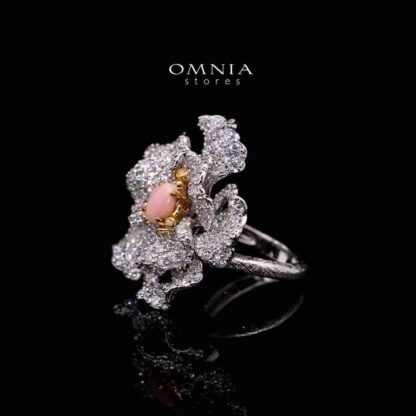 Omnia Sihab Pink Coral Flower Silver Ring in 925 Silver High Quality White Simulated Diamond Stones