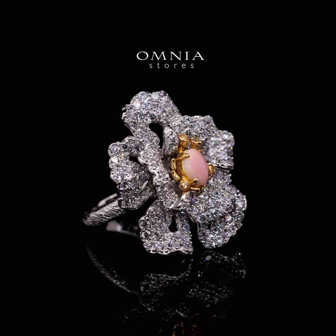 Omnia Sihab Pink Coral Flower Silver Ring in 925 Silver High Quality White Simulated Diamond Stones