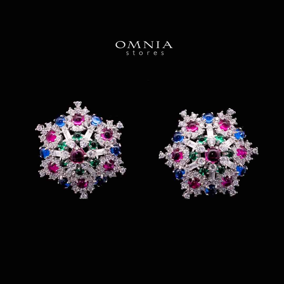 Omnia Feda Multi Color Silver Stud Earrings in 925 Silver High Quality Simulated Diamonds Stones - OMNIASTORES UAE