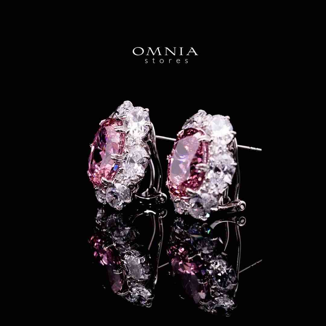 Omnia Beeta Pink and White Flower Silver Clip Earrings in 925 Silver High Quality Simulated Diamonds Stones - OMNIASTORES UAE