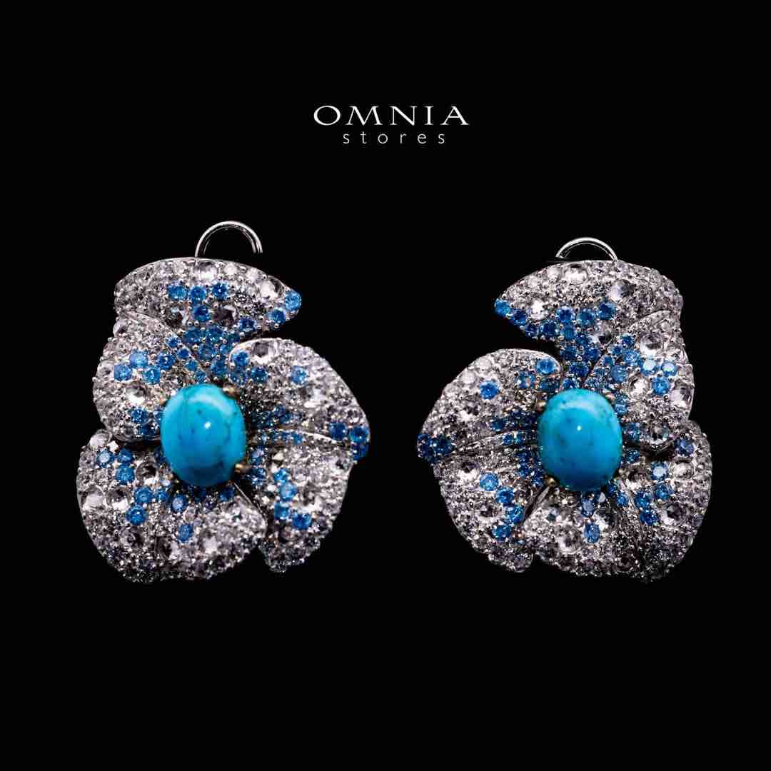 Omnia Suhad Sky Blue Coral Flower Silver Earrings in 925 Silver High Quality White and Sky Blue Simulated Diamond Stones - OMNIASTORES UAE