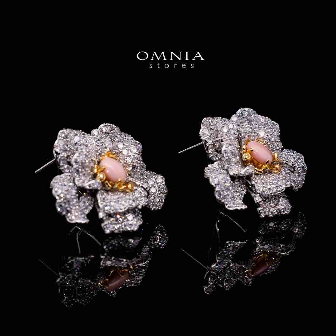 Omnia Sihab Pink Coral Flower Silver Clip Earrings in 925 Silver High Quality White Simulated Diamond Stones - OMNIASTORES UAE
