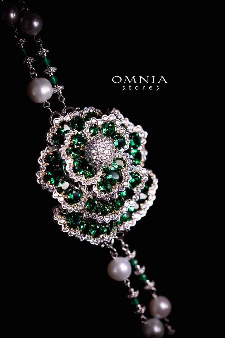 Omnia Nadia Green and White Silver with Real Fresh Pearl Long Chain Necklace in 925 Silver High Quality Simulated Diamond Stones - OMNIASTORES UAE