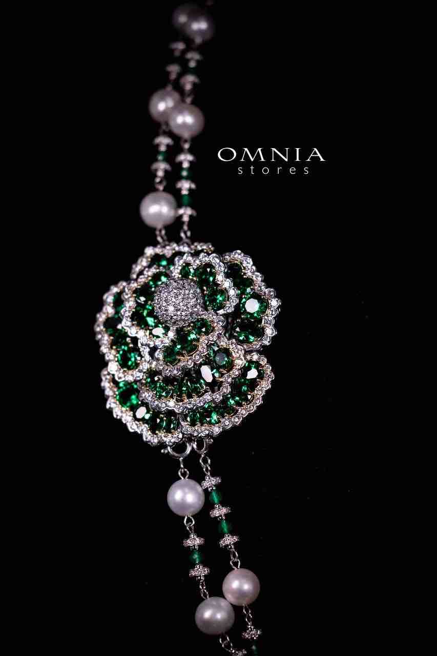 Omnia Nadia Green and White Silver with Real Fresh Pearl Long Chain Necklace in 925 Silver High Quality Simulated Diamond Stones - OMNIASTORES UAE