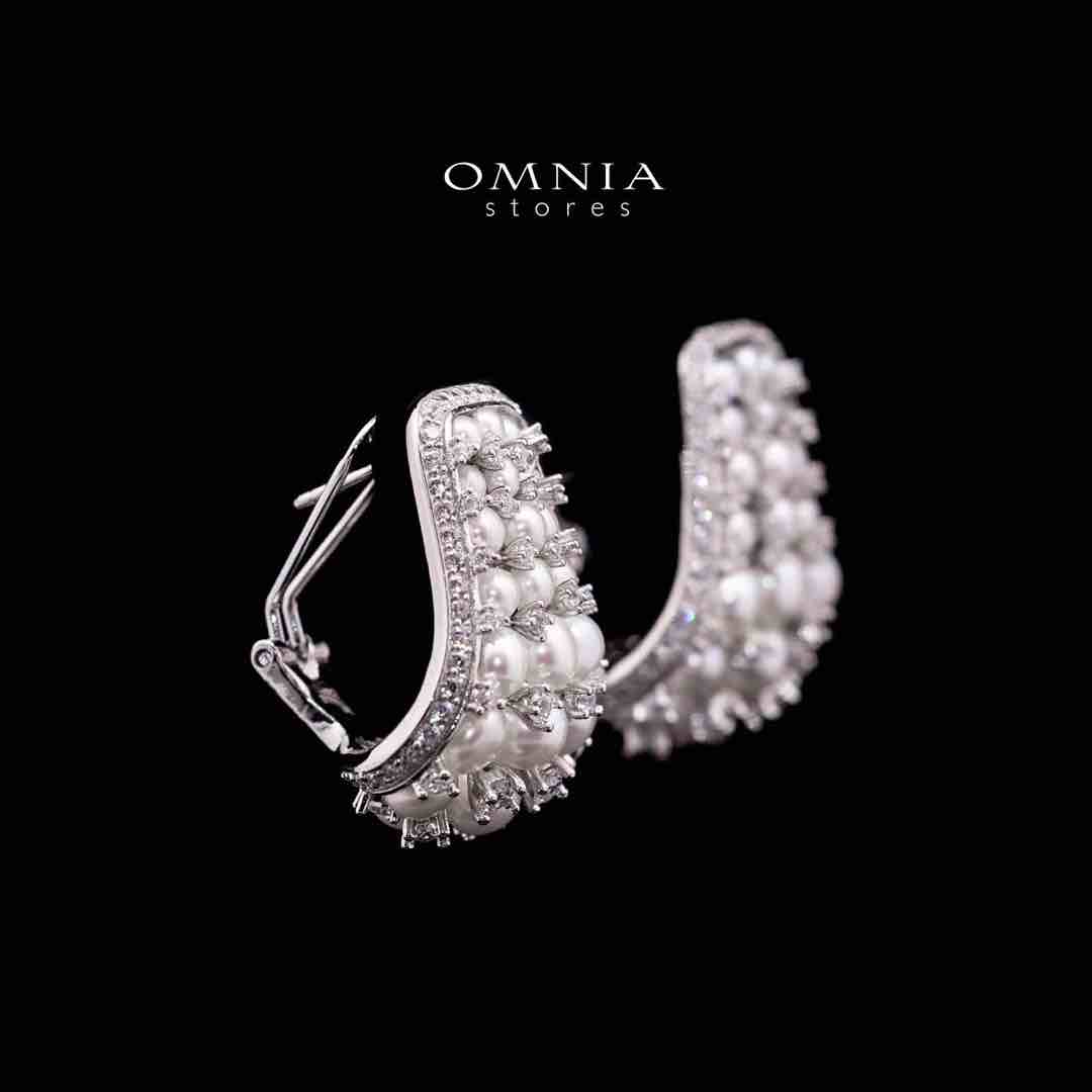 Omnia Nour White Fresh Water Pearl Silver Clip Earrings in 925 Silver In High Quality Simulated Diamonds