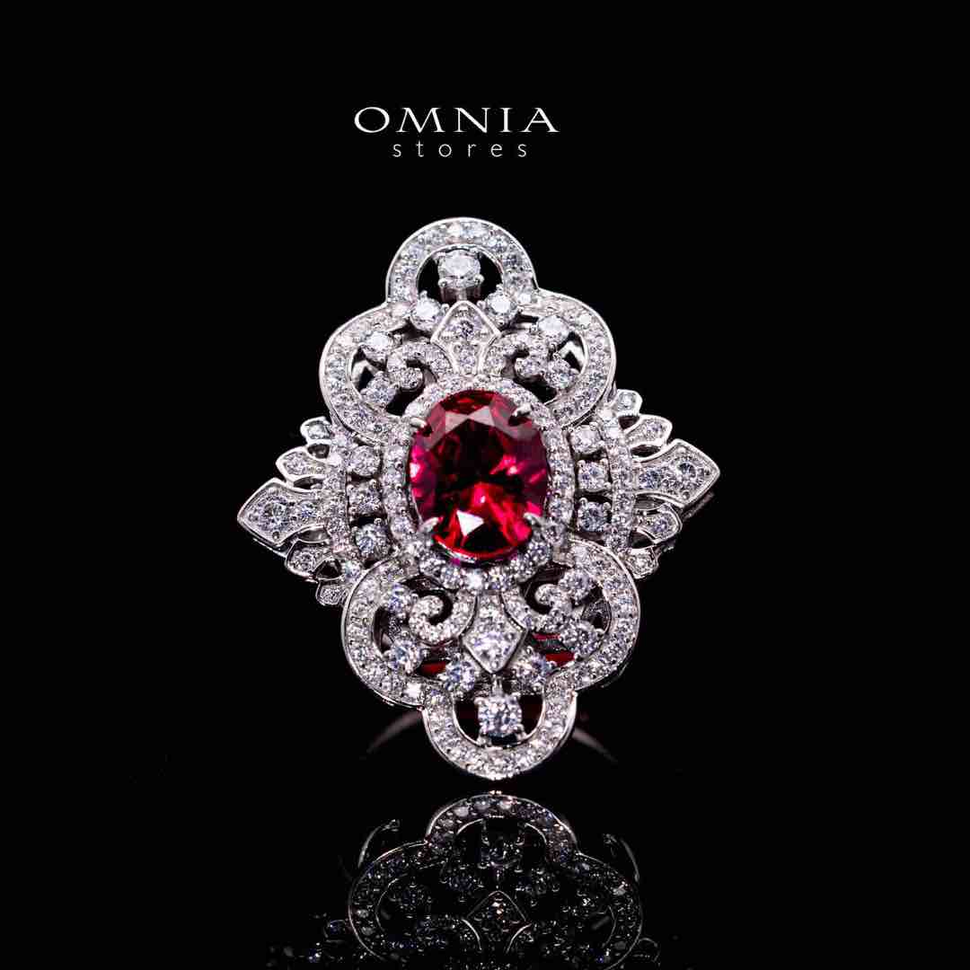 Omnia Bayan Red Coral Silver Ring in 925 Silver with High Quality White Simulated Diamonds - OMNIASTORES UAE