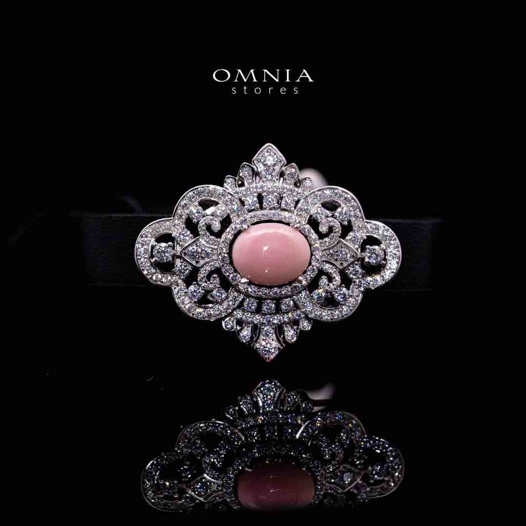 Omnia Bayan Pink Coral Leather Strap Bracelet in 925 Silver with High Quality Simulated Diamonds - OMNIASTORES UAE
