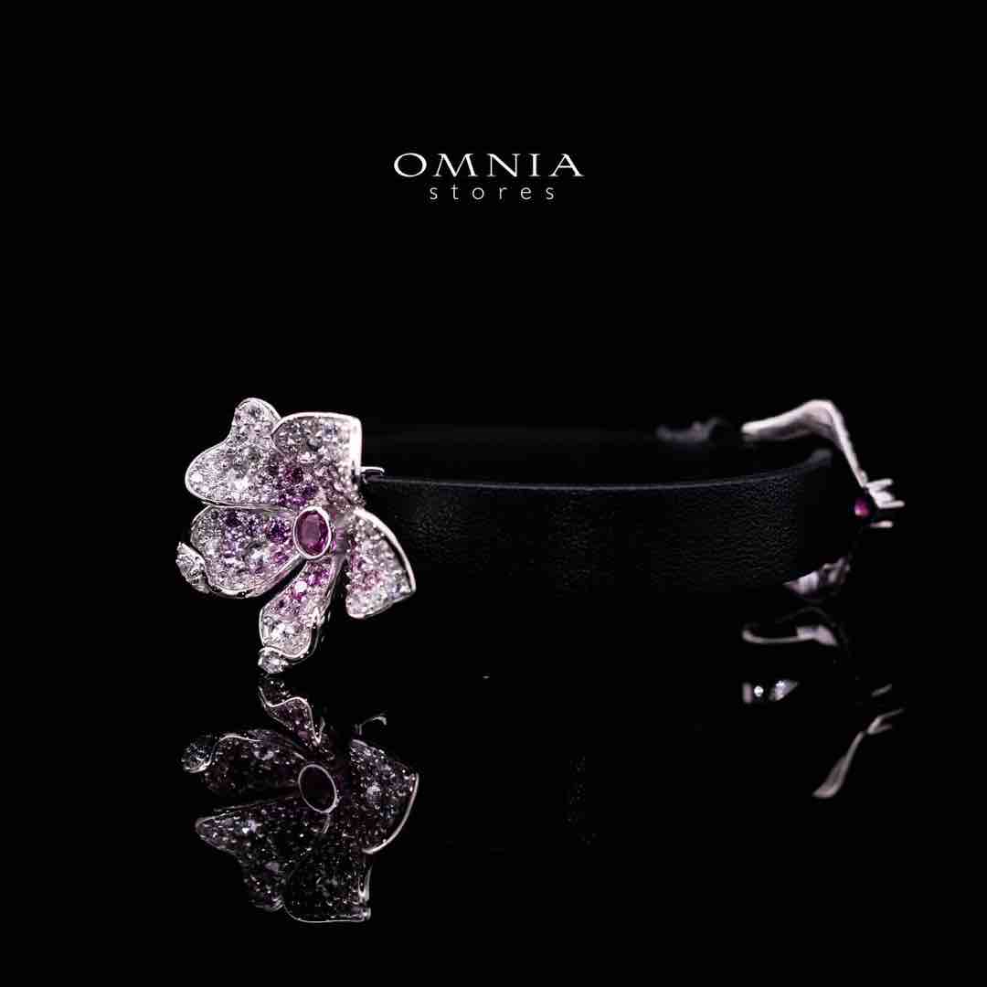 Omnia Yasmine Purple Flower Leather Strap Bracelet in 92.5 Silver with High Quality Simulated Diamonds - OMNIASTORES UAE