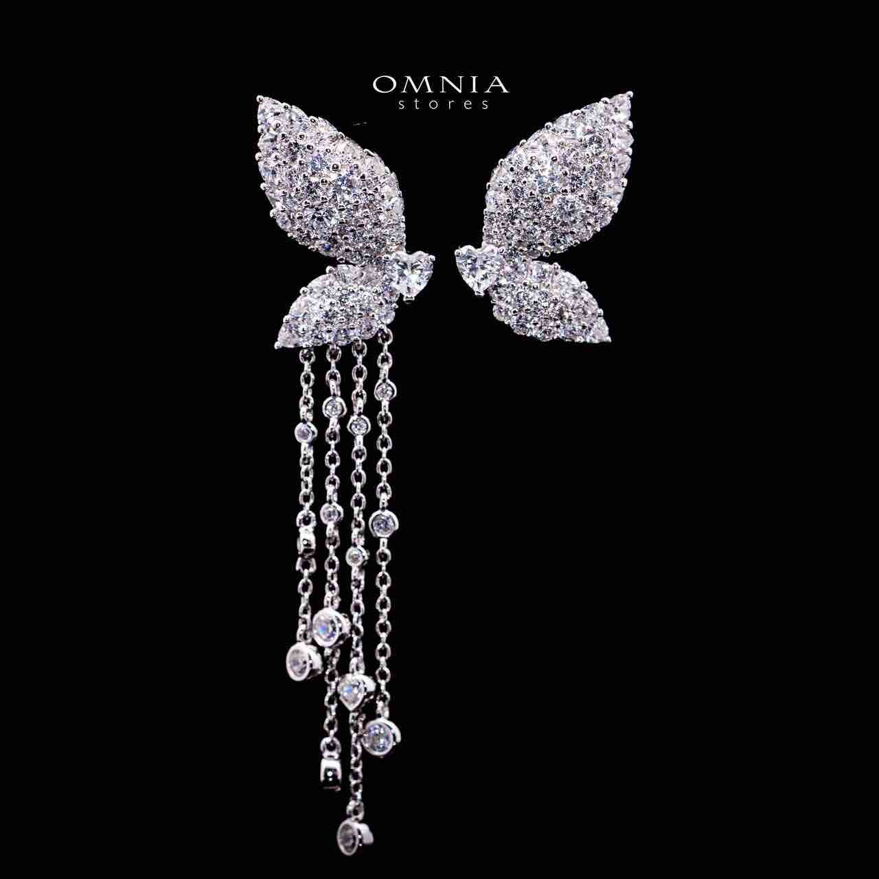 Omnia Aalia White Silver Stud Long Chain Earrings in 925 Silver In High Quality Simulated Diamonds - OMNIASTORES KSA