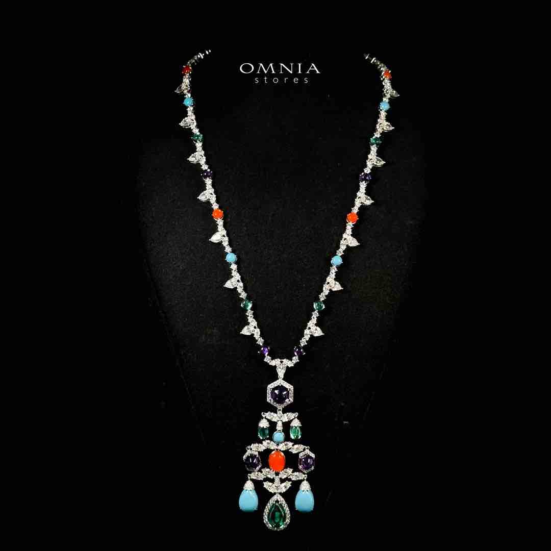 Omnia Raniya Chandelier Multi Color Silver Long Chain Necklace In 925 Silver High Quality Certified Lab Crafted Stones - OMNIASTORES UAE