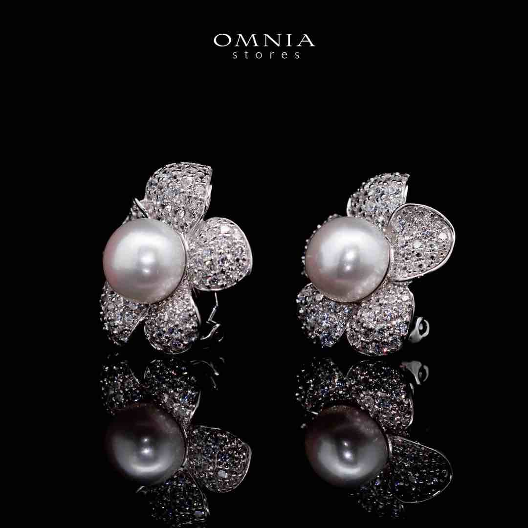 Omnia Najaah Floral Fresh Water Pearl Clip Earrings in 925 Silver In High Quality Simulated Diamonds