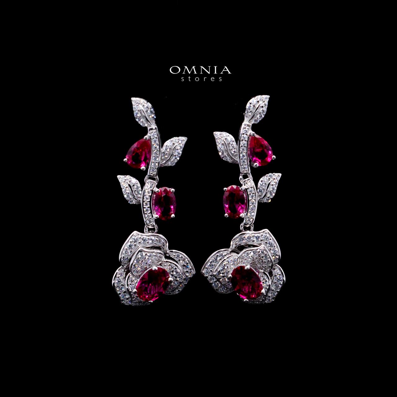 Omnia Nazeeya Red Floral Drop Earrings in 925 Silver with High Quality Simulated Diamonds