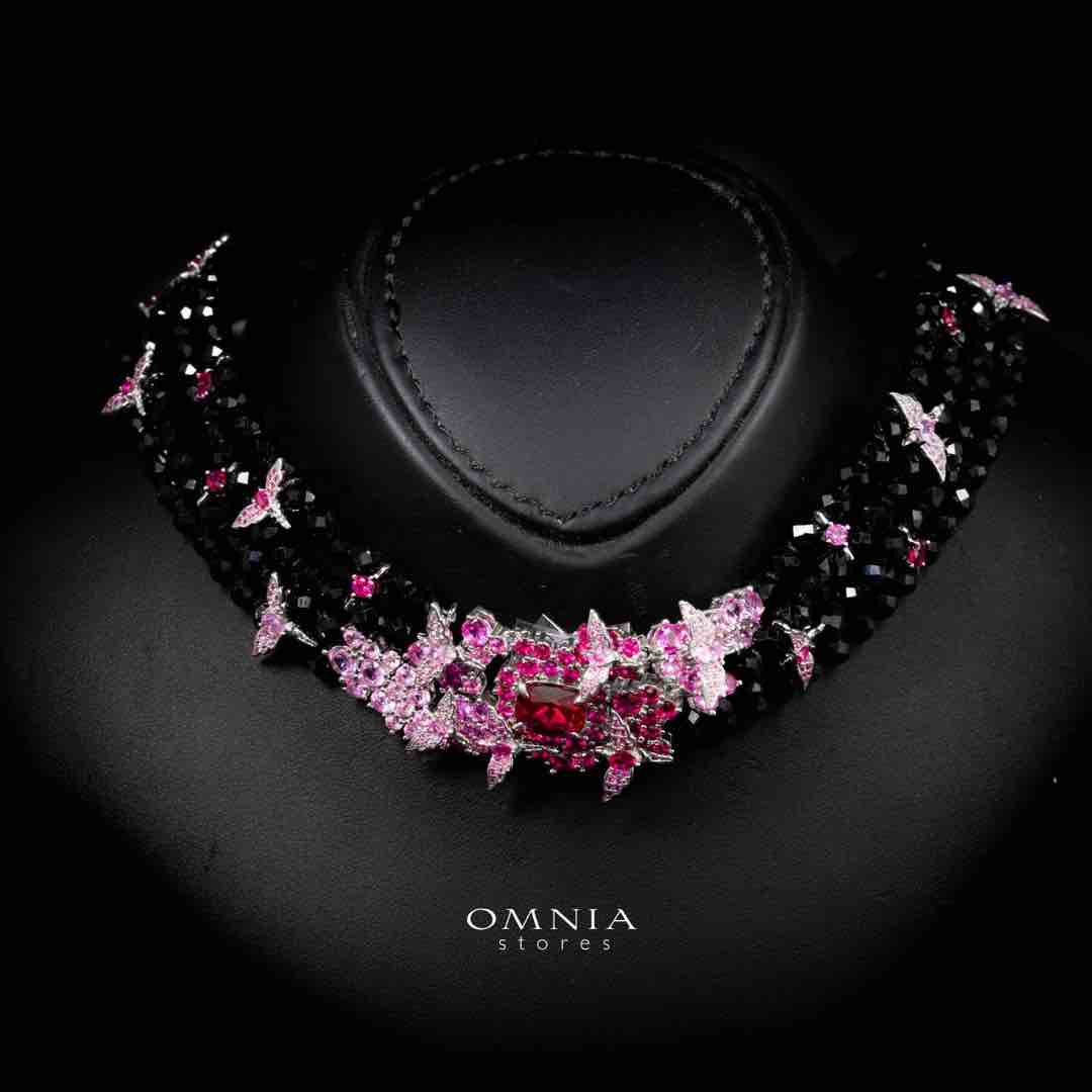 Omnia Blossom Black Beads Necklace in 925 Silver with High Quality Simulated Diamonds - OMNIASTORES UAE