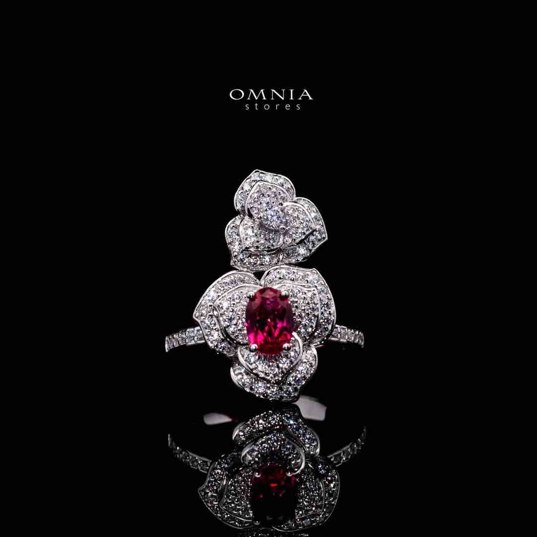 Omnia Nazeeya Red Floral Ring in 925 Silver with High Quality Simulated Diamonds - OMNIASTORES UAE