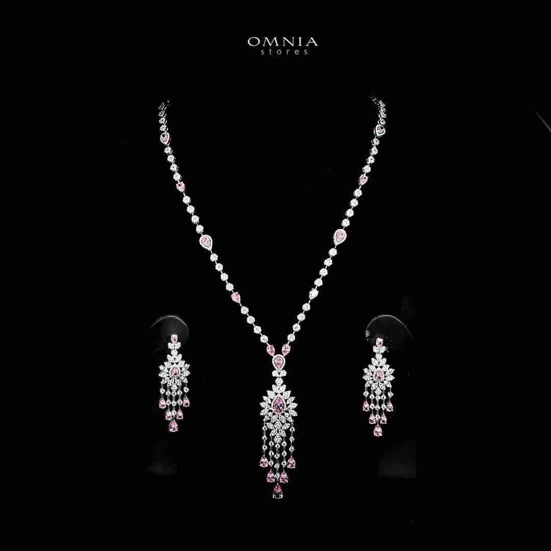Azadeh Pink Bridal Long chain Set Accessories High Quality Zircon Stone In Rhodium Plated - OMNIASTORES UAE