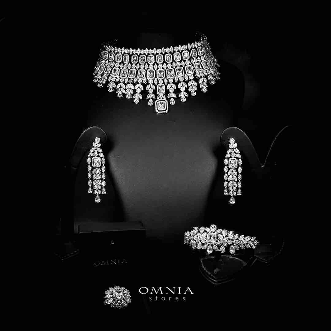 Omnia Nashida Luxury Bridal White Choker Full Set in High Quality Zircon Stone Rhodium Plated - OMNIASTORES UAE