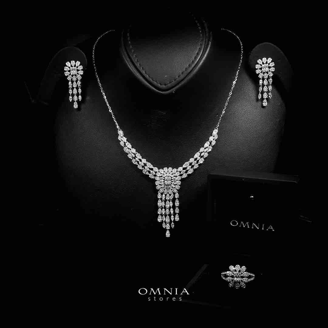 Omnia Leena White Necklace, Earrings and Ring Set in 925 Silver with High Quality Simulated Diamonds - OMNIASTORES UAE