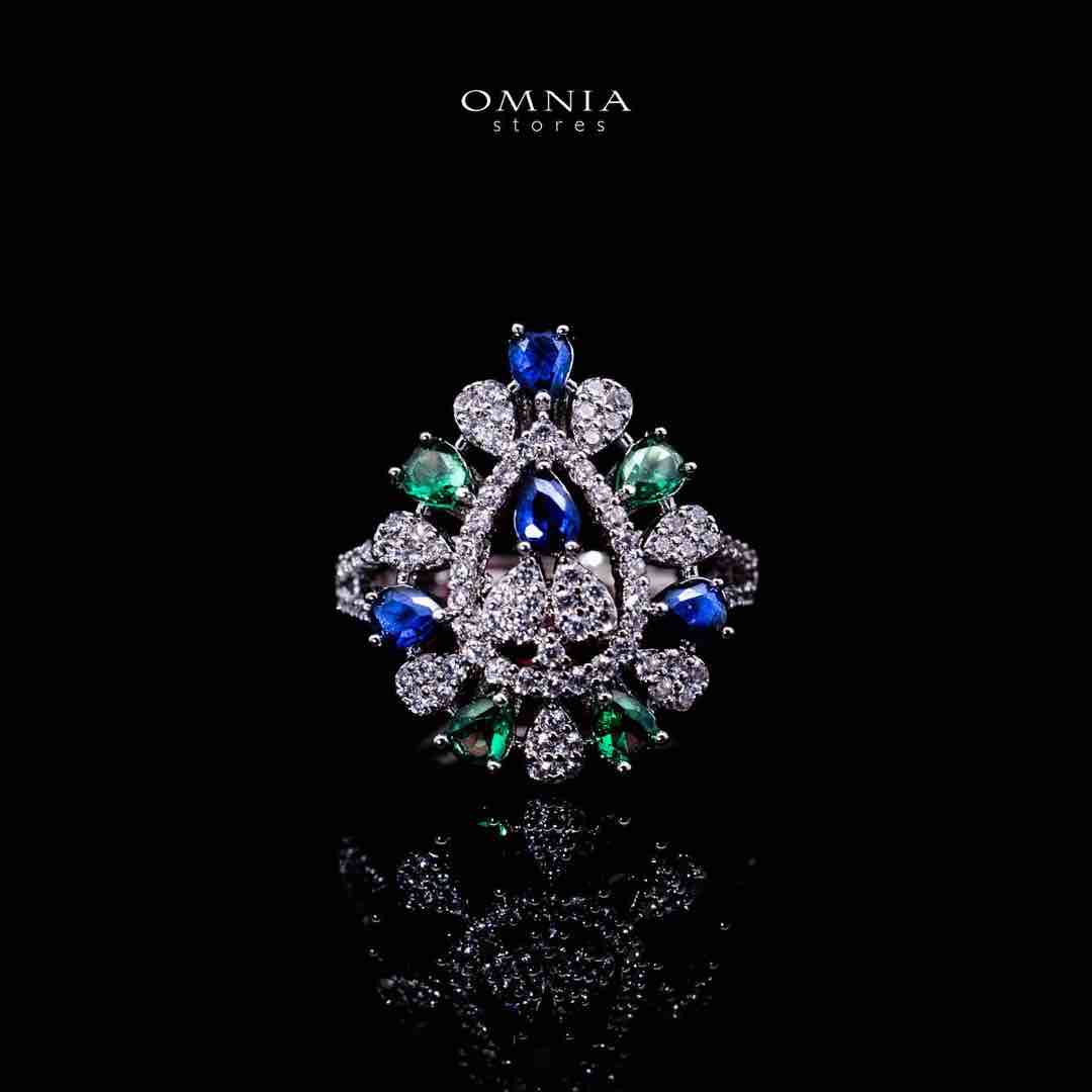 Omnia Aleah Luxury Multi Color Necklace, Earrings and Ring Set in High Quality Zircon Stone Rhodium Plated - OMNIASTORES UAE