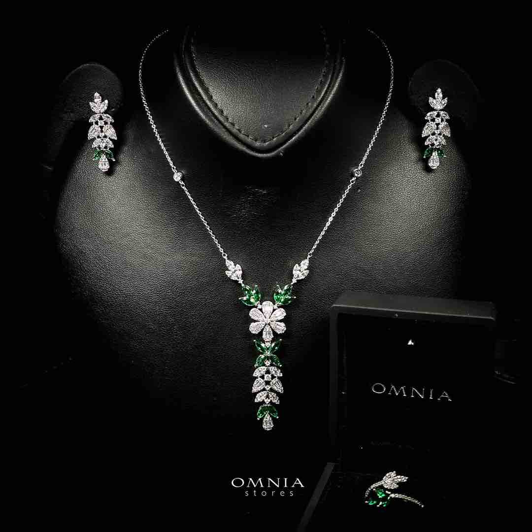 Omnia Leyla Luxury White & Green Necklace, Earrings & Ring Set in High Quality Zircon Stone Rhodium Plated - OMNIASTORES UAE