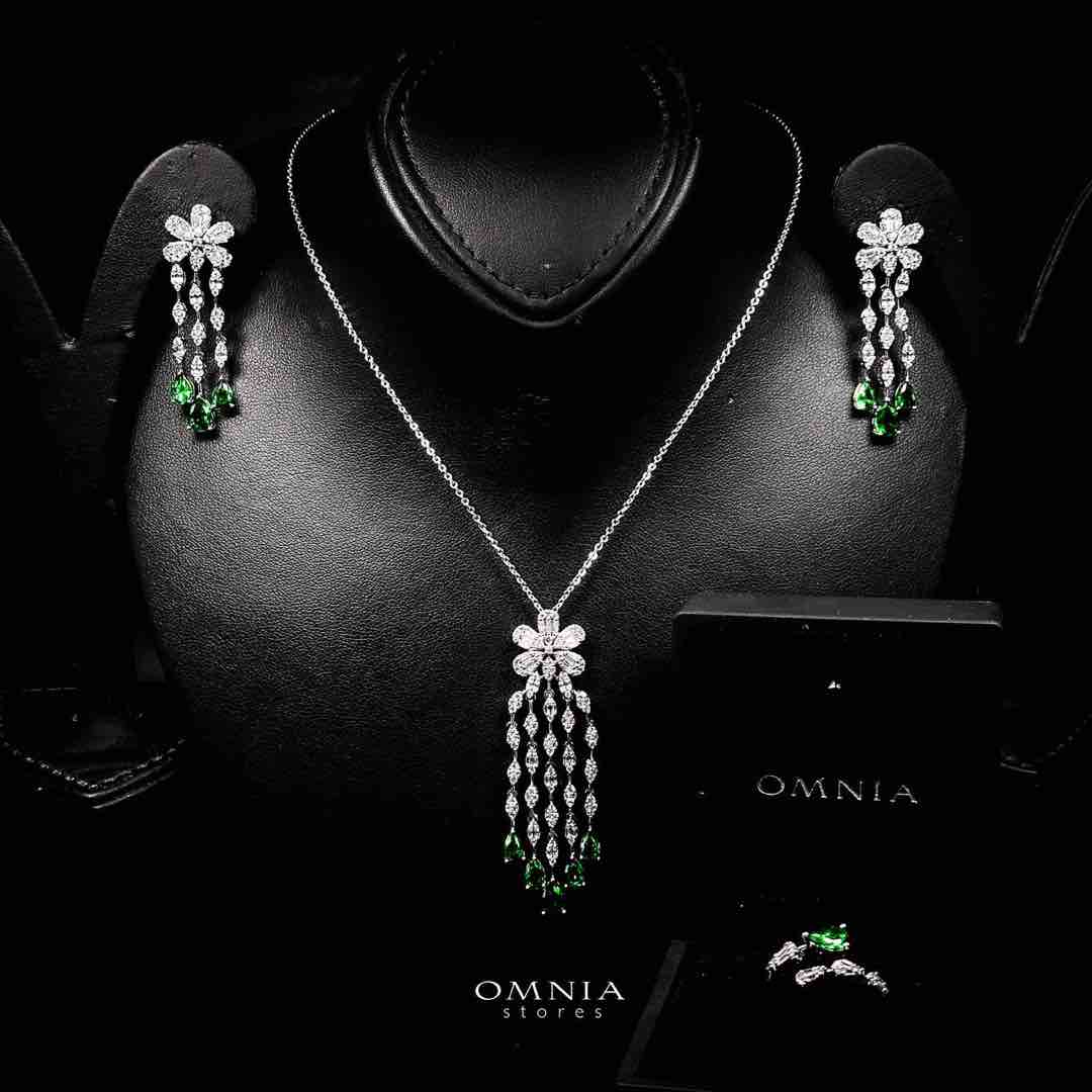 Omnia Alisha Luxury White & Green Necklace, Earrings & Ring Set in High Quality Zircon Stone Rhodium Plated - OMNIASTORES UAE
