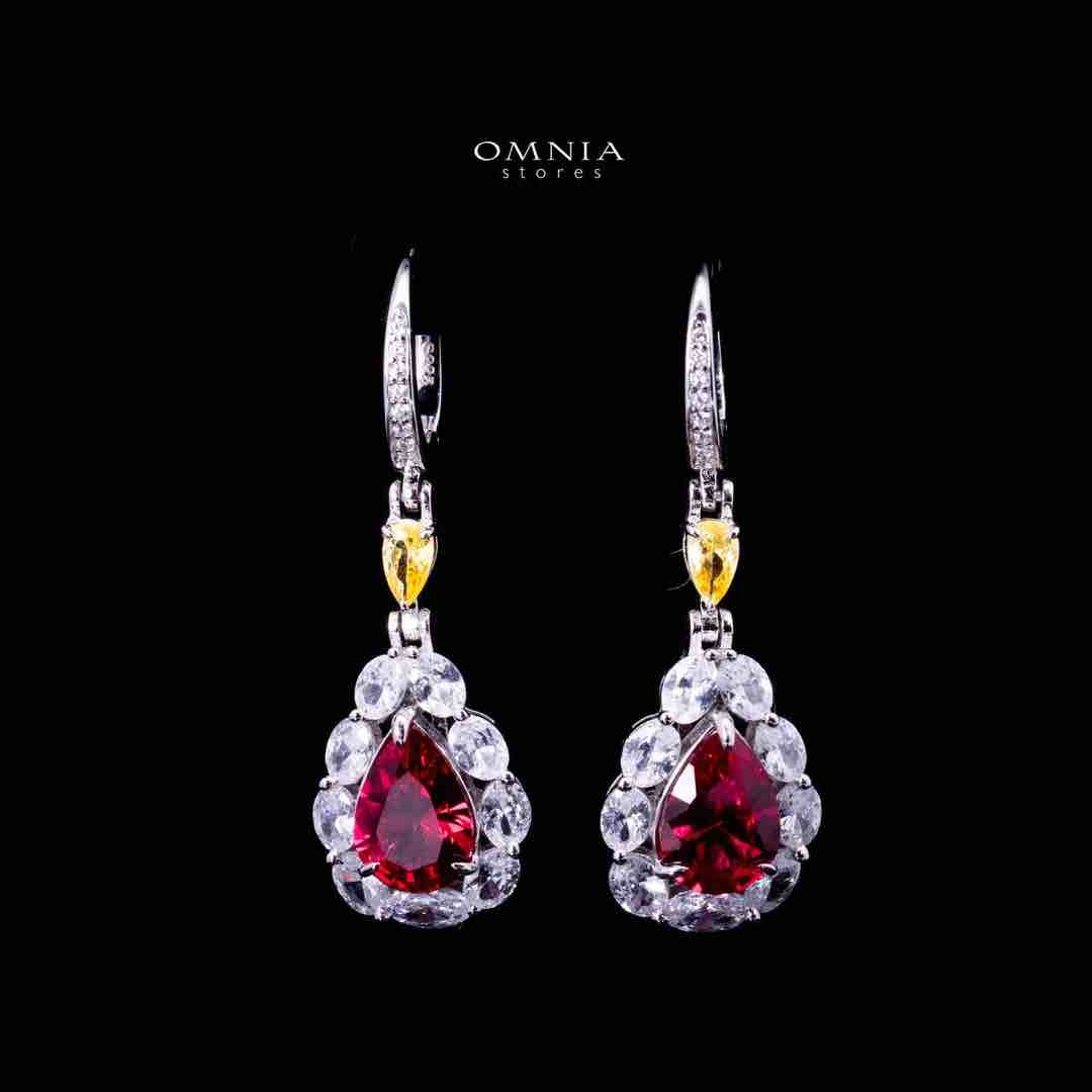 Omnia Amarah Red & Yellow Stone Drop Earrings in 925 Silver with High Quality Simulated Diamonds - OMNIASTORES UAE