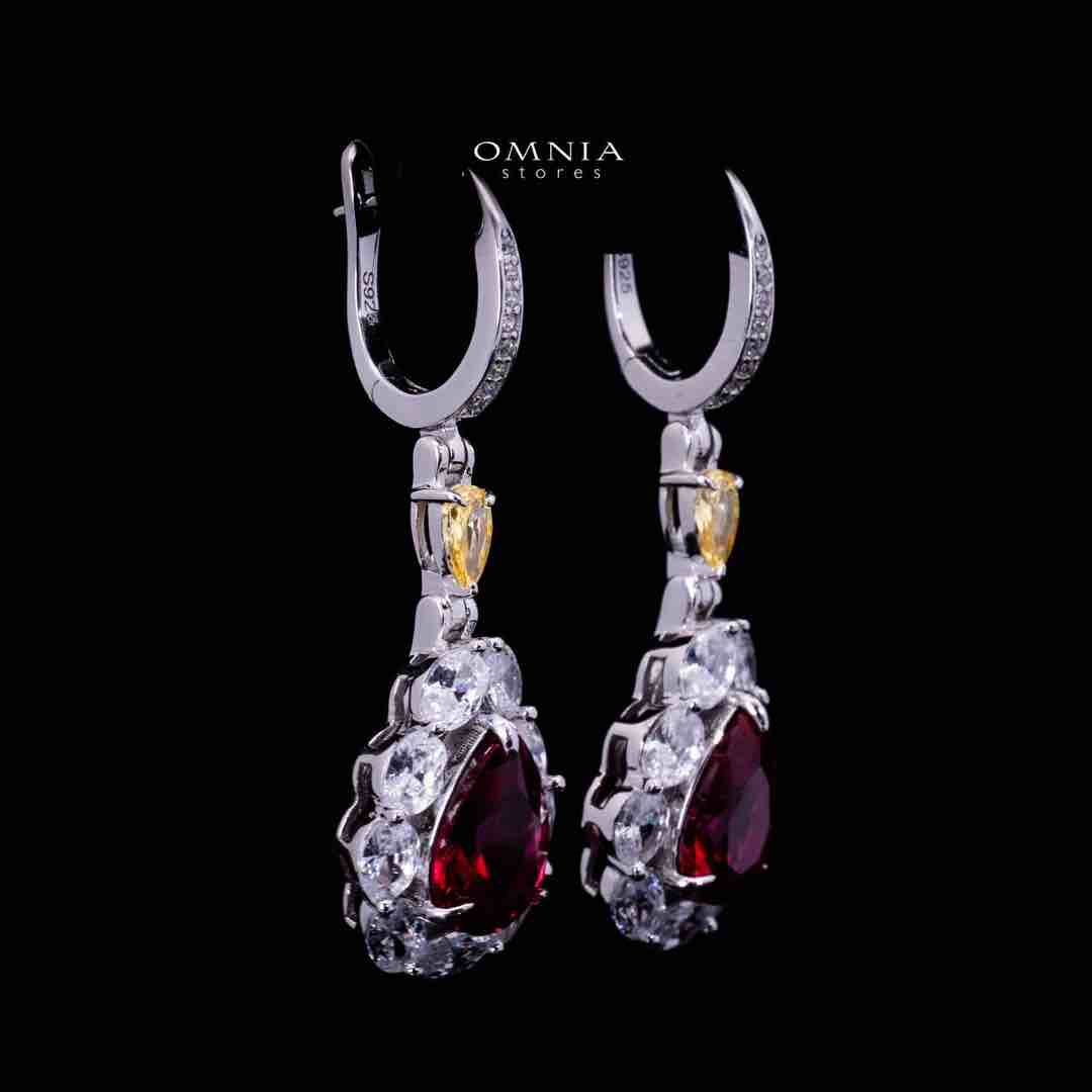 Omnia Amarah Red & Yellow Stone Drop Earrings in 925 Silver with High Quality Simulated Diamonds - OMNIASTORES UAE