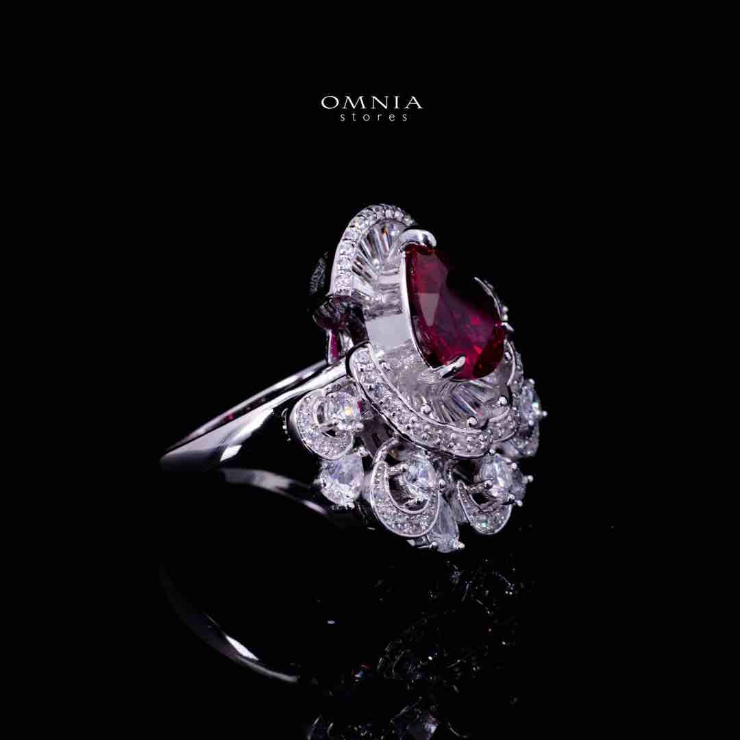 Omnia Aleyna Red Stone Silver Ring in 925 Silver with High Quality Simulated Diamonds - OMNIASTORES KSA
