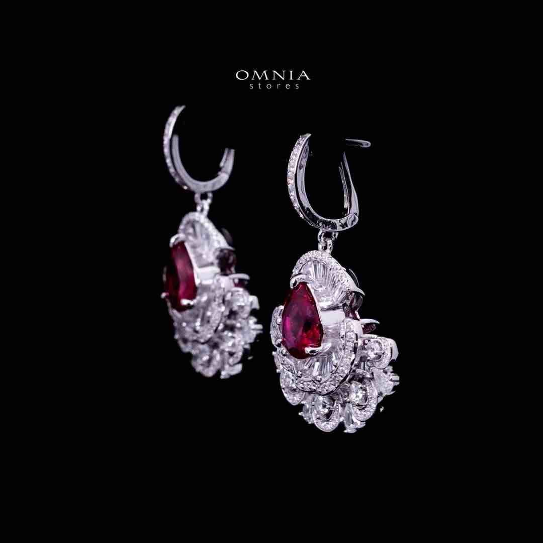 Omnia Aleyna Red Stone Silver Drop Earrings in 925 Silver with High Quality Simulated Diamonds - OMNIASTORES KSA
