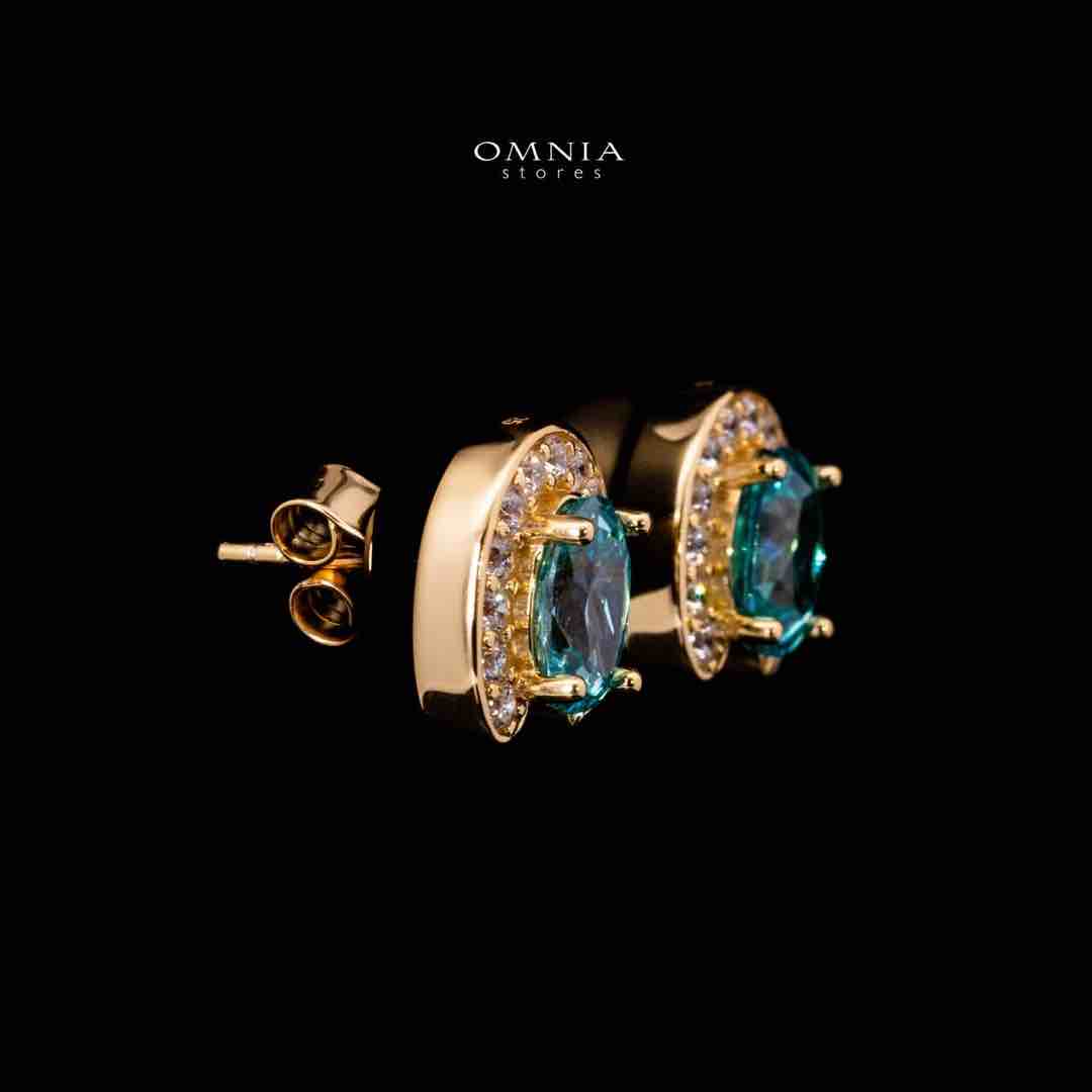 Omnia Amyra Sky Blue Stone Gold Stud Earrings in 925 Silver with High Quality Simulated Diamonds - OMNIASTORES UAE