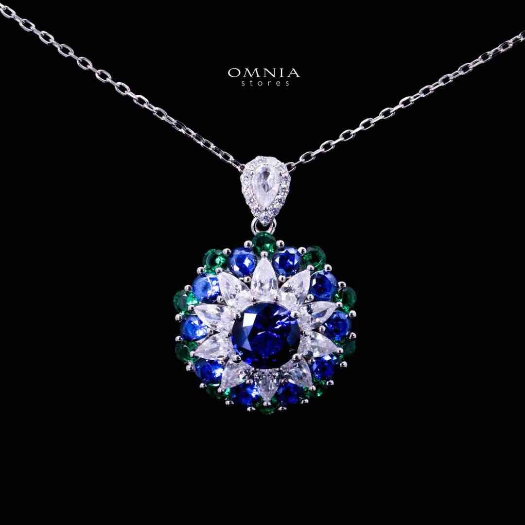 Omnia Aizah Royal Blue & Emerald Green Silver Pendant Necklace in 925 Silver with High Quality Simulated Diamonds - OMNIASTORES UAE