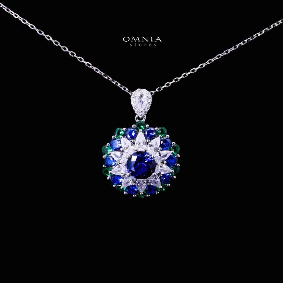 Omnia Aizah Royal Blue & Emerald Green Silver Pendant Necklace in 925 Silver with High Quality Simulated Diamonds - OMNIASTORES UAE