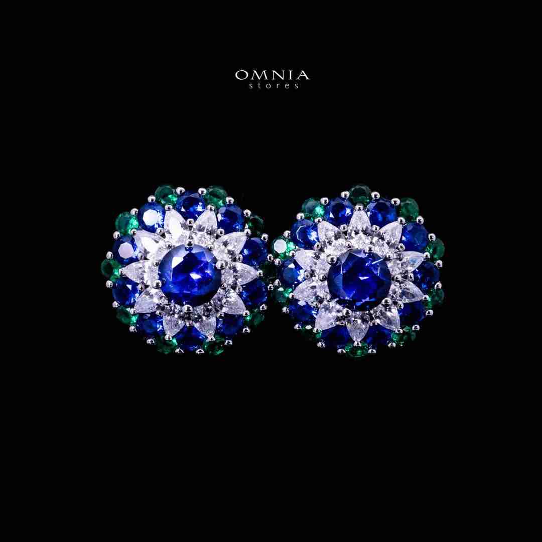 Omnia Aizah Royal Blue & Emerald Green Silver Stud Earrings in 925 Silver with High Quality Simulated Diamonds - OMNIASTORES UAE
