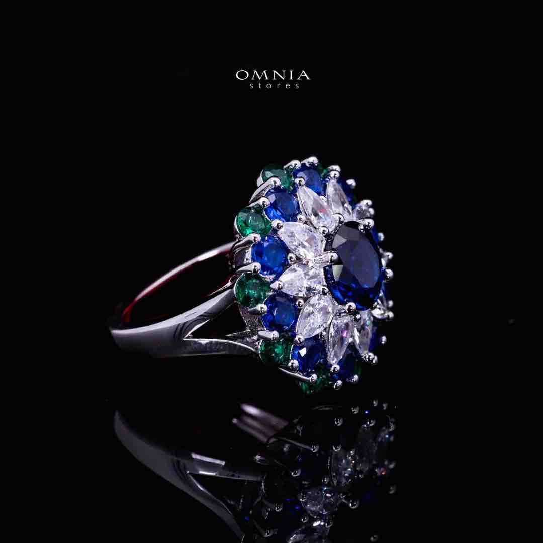 Omnia Aizah Royal Blue & Emerald Green Silver Ring in 925 Silver with High Quality Simulated Diamonds - OMNIASTORES UAE