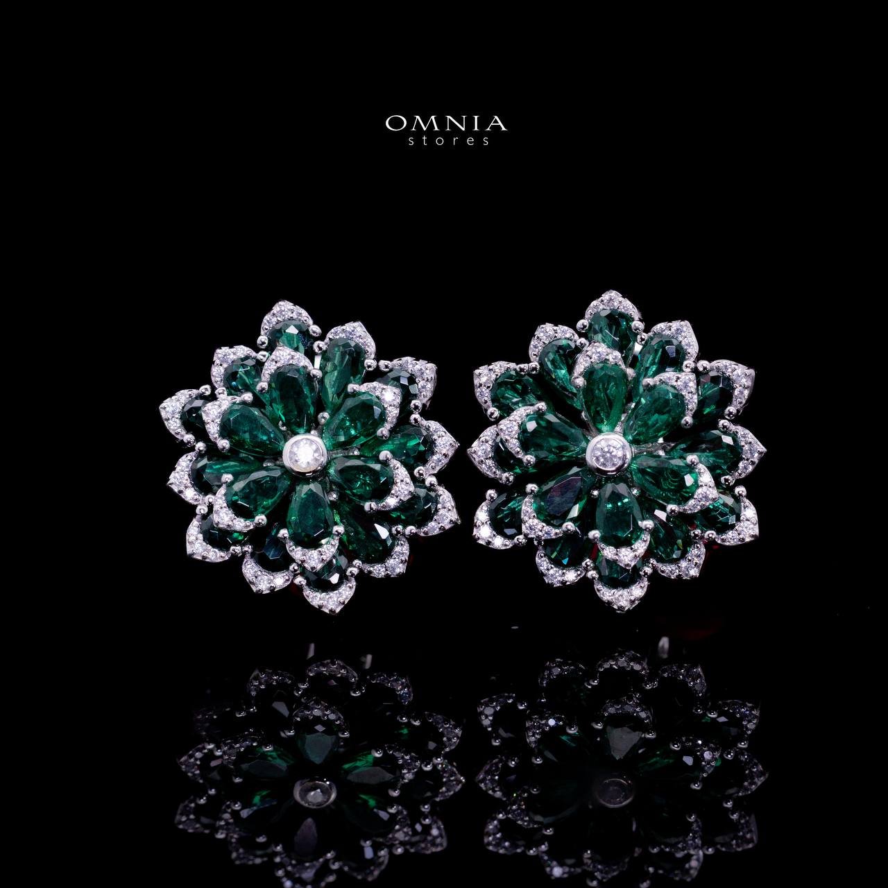 Omnia Damiyah Emerald Green Floral Silver Clip Earrings in 925 Silver with High Quality Simulated Diamonds - OMNIASTORES UAE