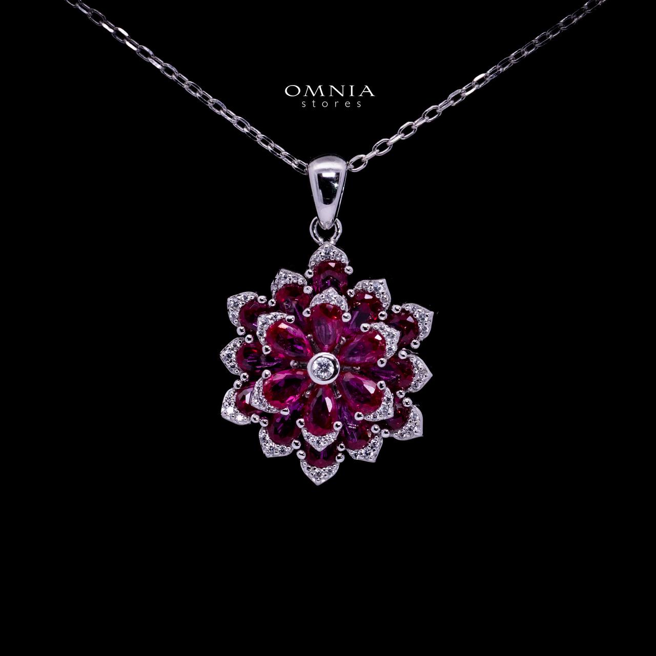 Omnia Damiyah Red Floral Silver Pendant Necklace in 925 Silver with High Quality Simulated Diamonds - OMNIASTORES UAE