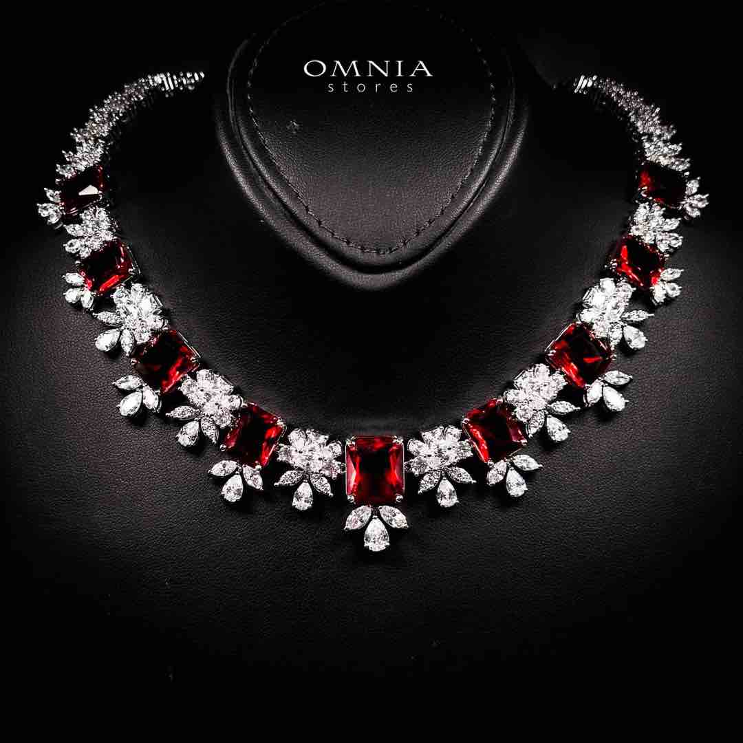 Omnia Charlotte Red Luxry Bridal Full Set with Emerald and Pear-Cut High Quality Simulated Diamonds Premium Rhodium Plated - OMNIASTORES UAE